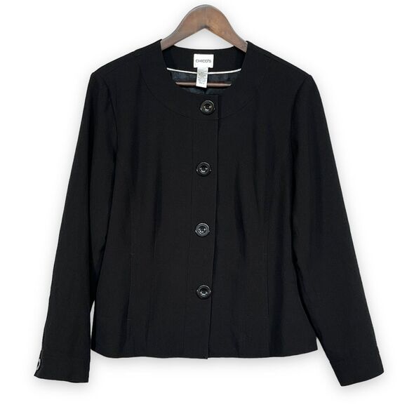Chico's Women Size 2 (US L/12) Black Blazer Fully‎ Lined Career Office Buttons - Picture 1 of 12